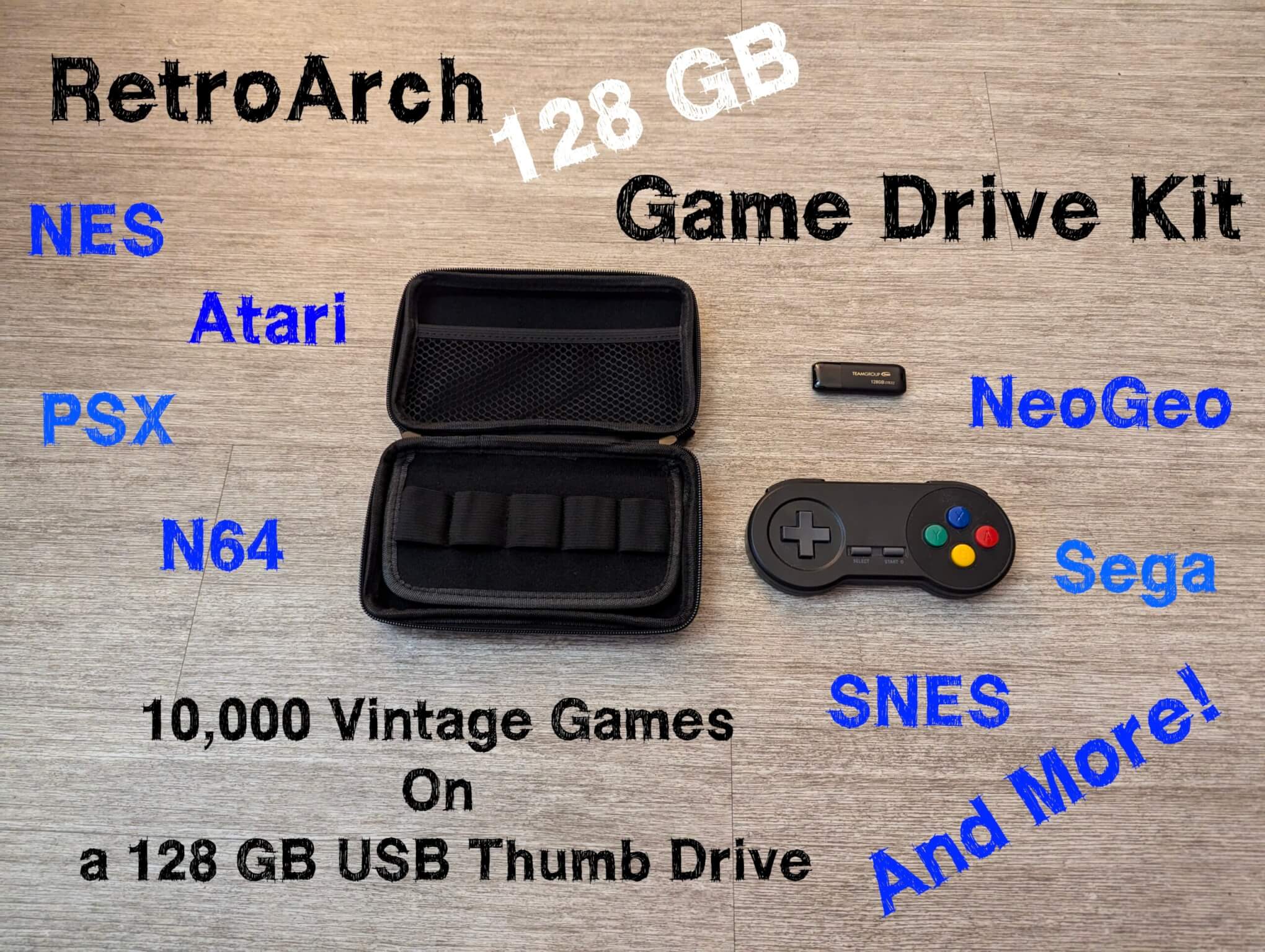 128 GB RetroArch Game Drive. Loaded with 10,000 of your favorite vintage video games setup and ready to play.